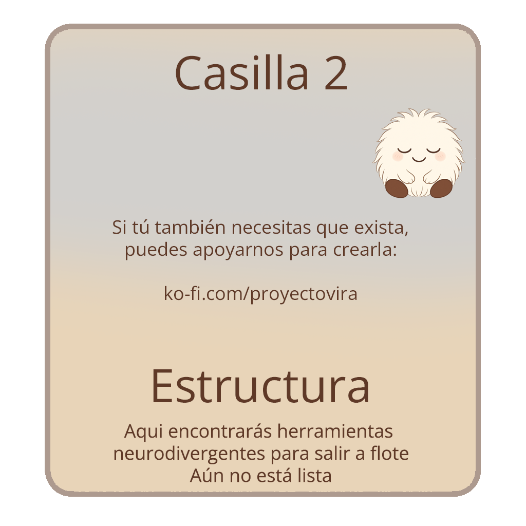 Casilla 2 – Estructura. Aquí encontrarás herramientas neurodivergentes para recuperar tu ritmo. Aún no está lista, si tu también necesitas que exista puedes apoyarnos para rearla.